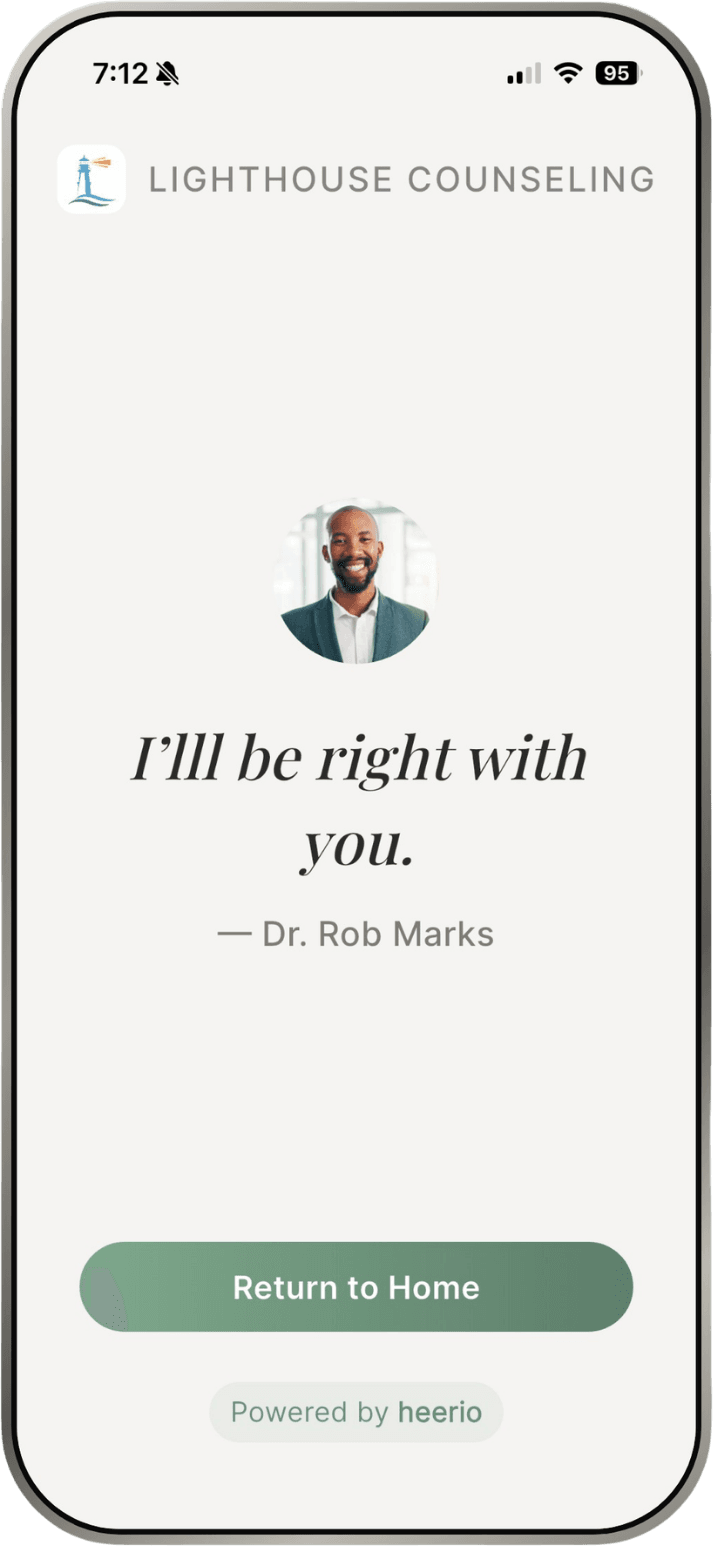 Heerio client screen showing the provider’s reply: I’ll be right with you — Dr. Rob Marks